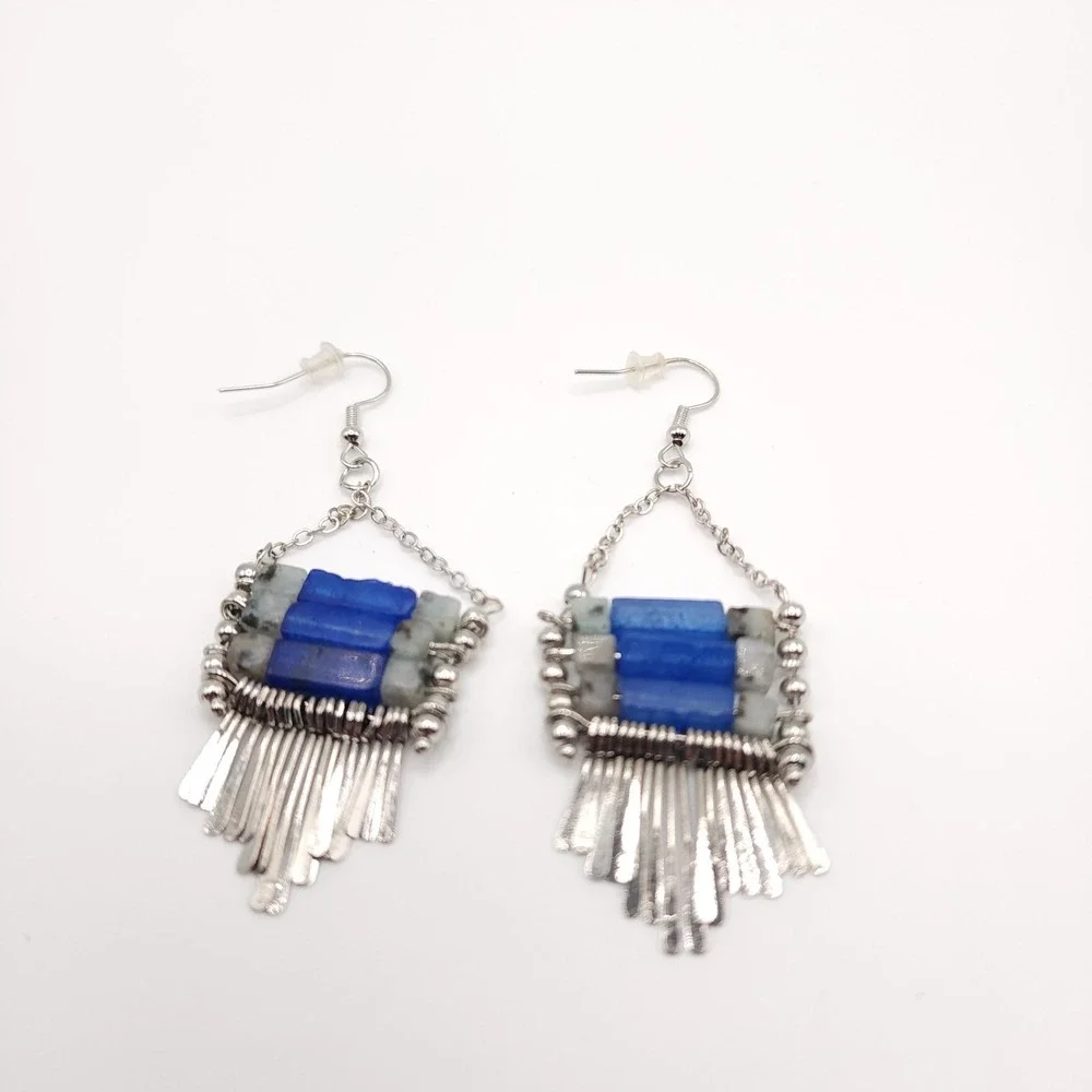 Paparazzi Riverbed Bounty Blue Earrings Silver Tone Boho Dangle Stone Jewelry‎